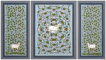 Cows in Lotus Pond (triptych), Nemichand, Ethnic Art - Artisera