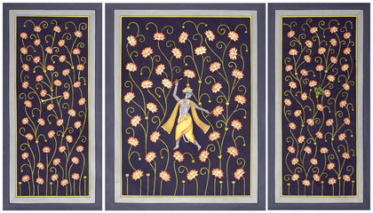 Krishna in Lotus Pond - 06 (triptych), Nemichand, Ethnic Art - Artisera